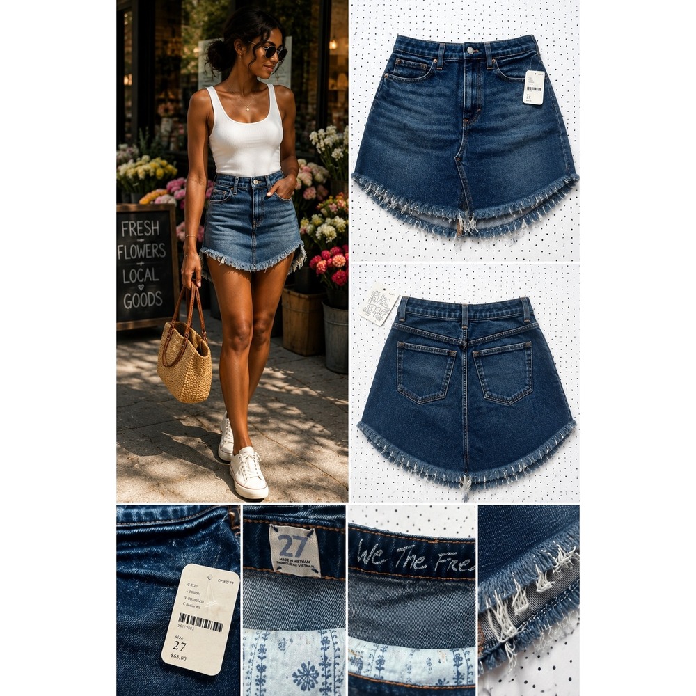 Free People We The Free Denim Mini Skirt High Rise Raw Hem Blue Size 27 NEW